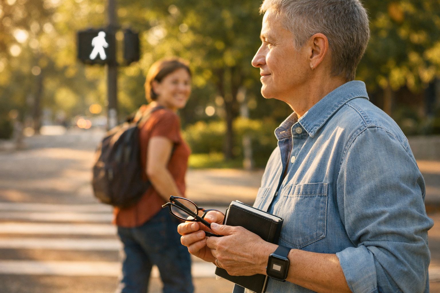 Mulher mais velha de pé, segurando porta de varanda com vista para jardim, dentro de sala bem iluminada com mesa e fotos.