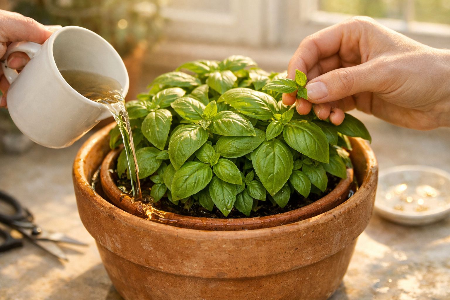 Mãos cuidam de uma planta num copo branco; frasco âmbar e vaso de barro ao lado, em cima de uma bancada.