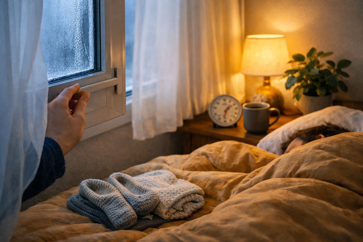 Pessoa a dormir na cama com uma chávena fumegante e um relógio na mesa de cabeceira, ao lado de uma janela.