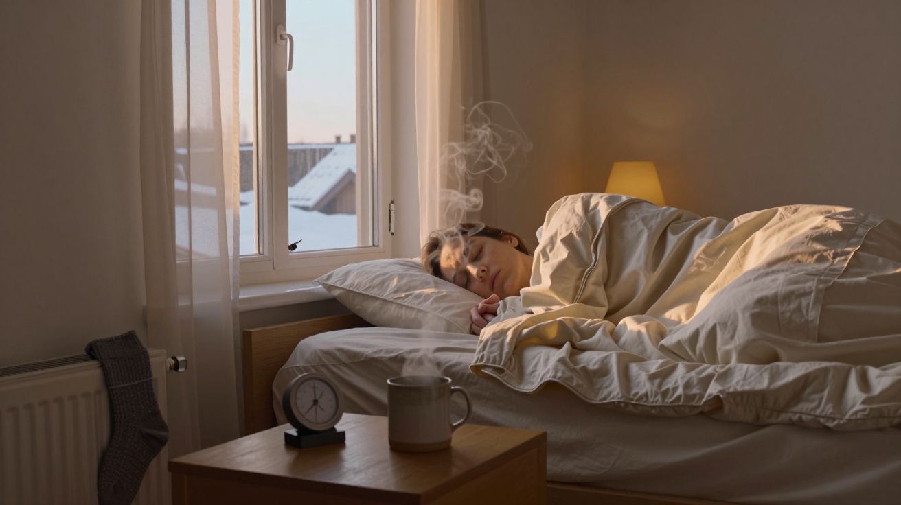 Pessoa a dormir numa cama junto a uma janela, com vapor a sair de uma caneca num quarto iluminado por luz suave.