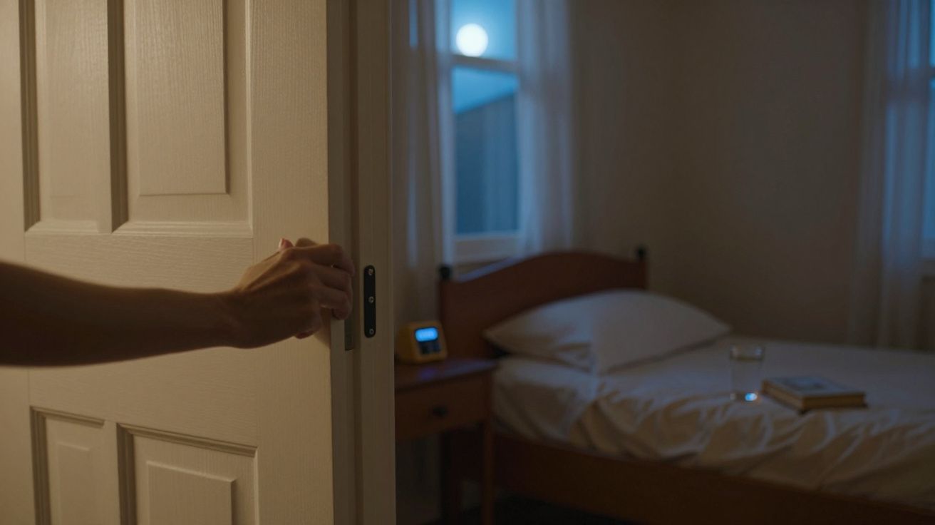 Mão a abrir a porta de um quarto escuro com cama, mesa de cabeceira, copo de água e janela ao fundo.