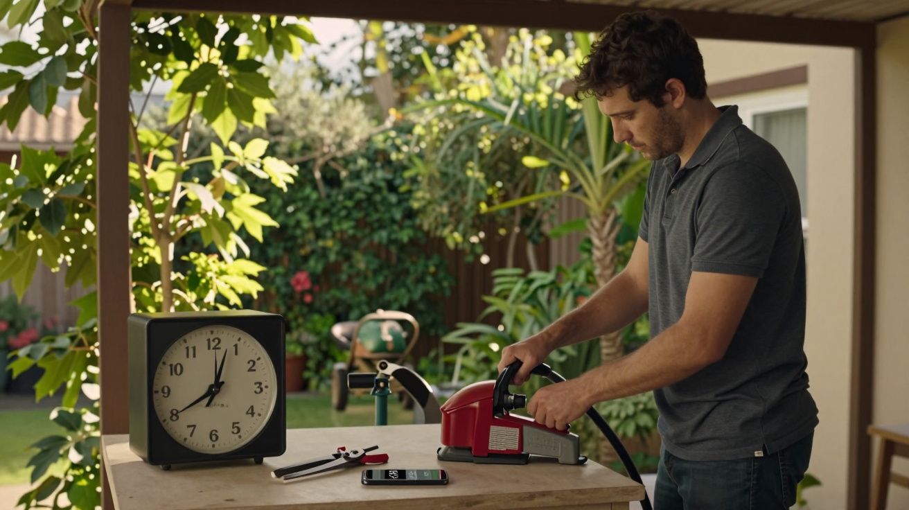 Homem numa oficina ao ar livre ajusta ferramenta vermelha numa mesa com relógio, telemóvel e plantas ao fundo.