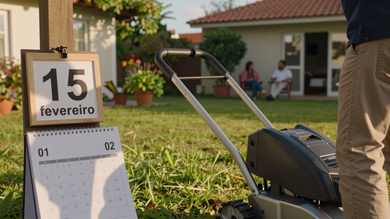 Calendário marcando 15 de fevereiro ao lado de um cortador de relva, casa ao fundo com duas pessoas sentadas.