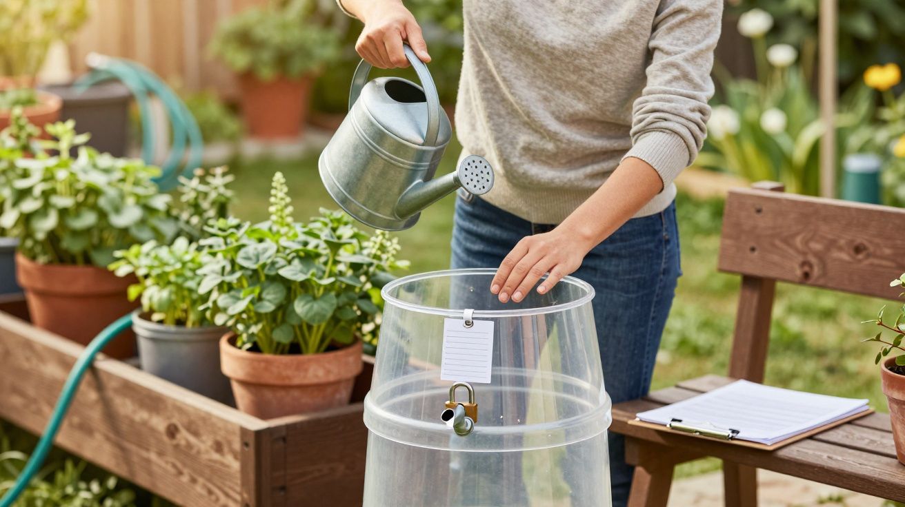 Pessoa enche regador junto a canteiros com plantas em vasos, num jardim com fundo desfocado.