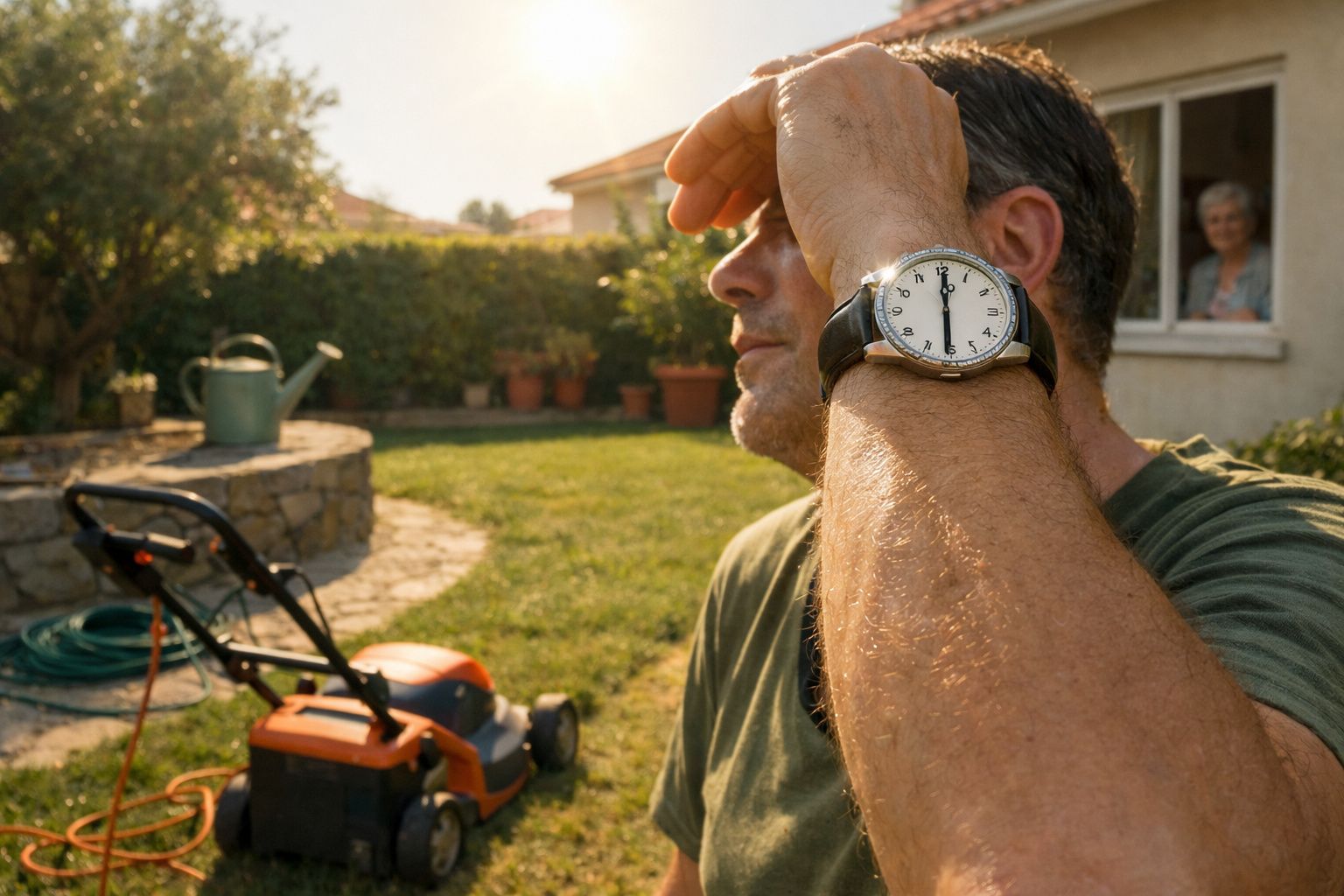 Mulher em luvas ajusta dispositivo ao ar livre, com auscultadores e relógio na mesa, jardins ao fundo.