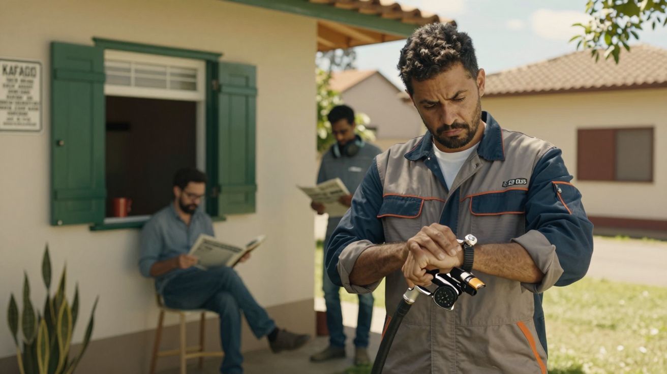 Homem conserta uma mangueira no jardim, enquanto dois outros homens leem sentados à sombra de um edifício.