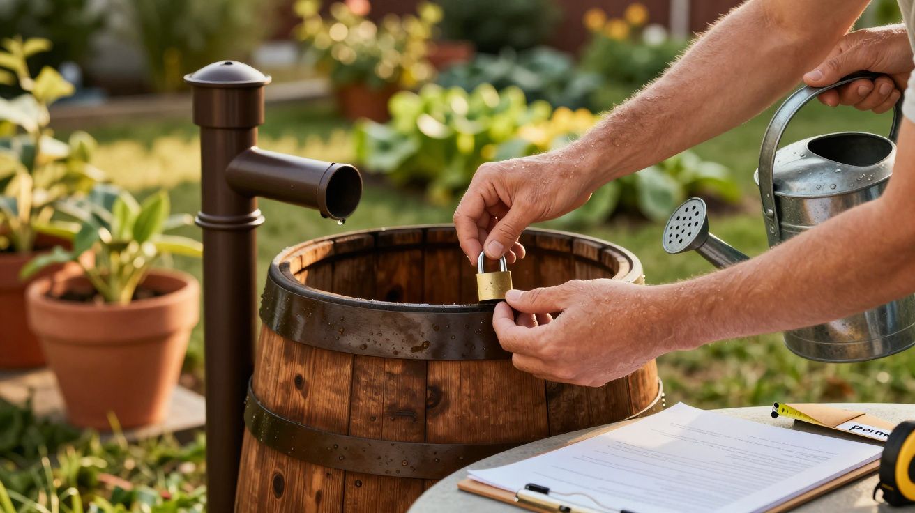 Mãos de uma pessoa fechando um barril de madeira com cadeado num jardim, ao lado de um regador e folhas de papel.
