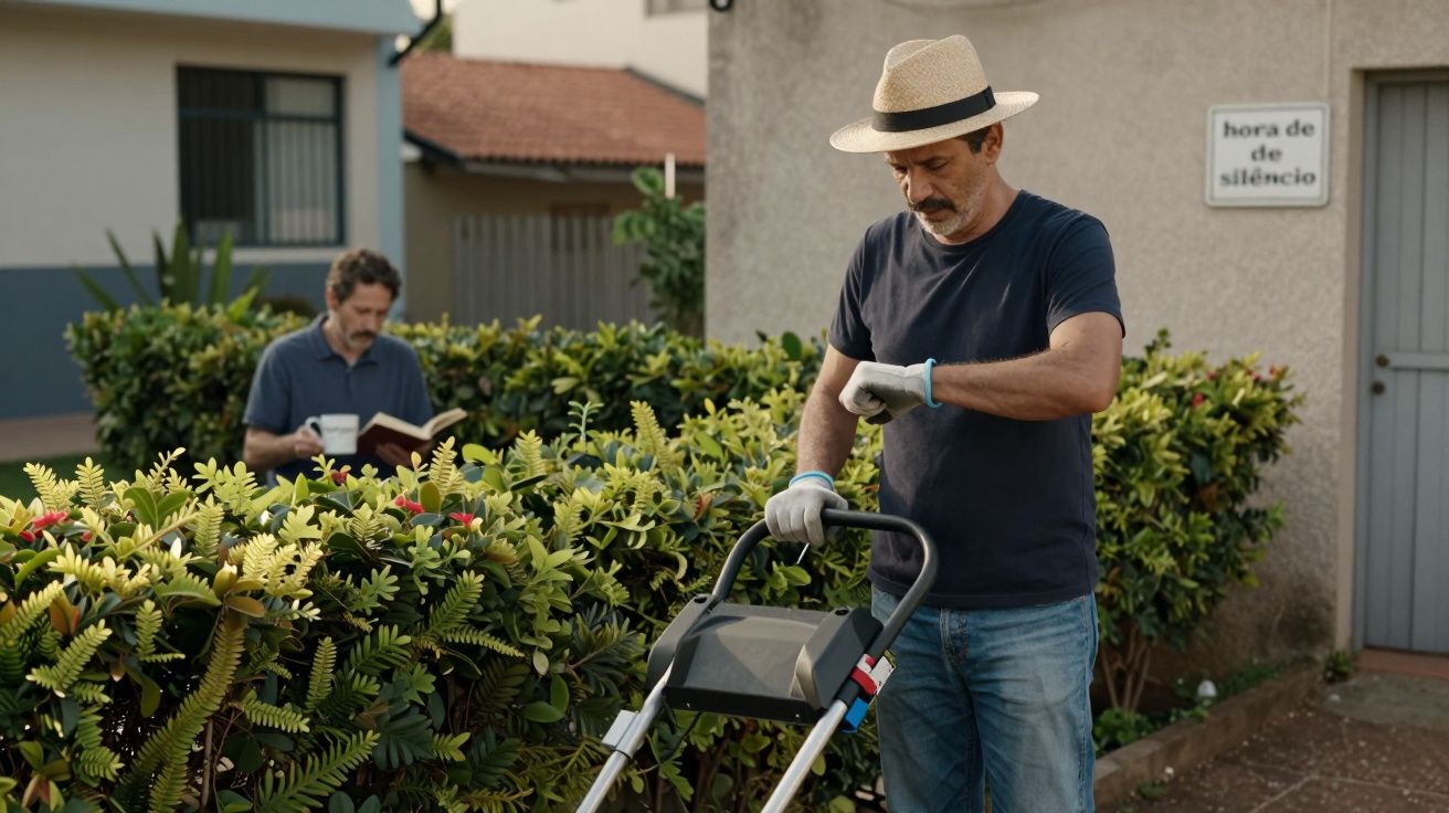 Homem com chapéu verifica relógio enquanto segura um cortador de relva, outro homem lê ao fundo.