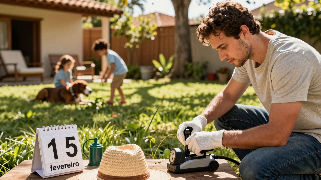 Homem ajusta um micro motor elétrico no jardim em 15 de fevereiro, enquanto crianças brincam com um cão ao fundo.