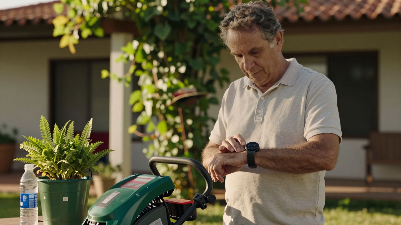 Homem idoso verifica o relógio enquanto está ao lado de um cortador de relva no jardim, com uma planta ao seu lado.