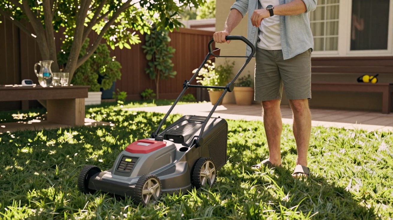 Pessoa a cortar a relva num jardim com um corta-relva cinza e vermelho num dia ensolarado.