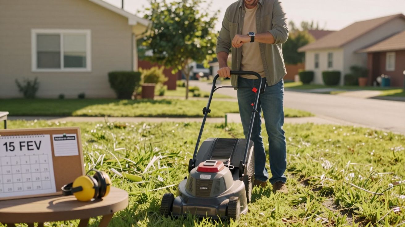 Homem corta relva com máquina num jardim; calendário e protetores de ouvido numa mesa.