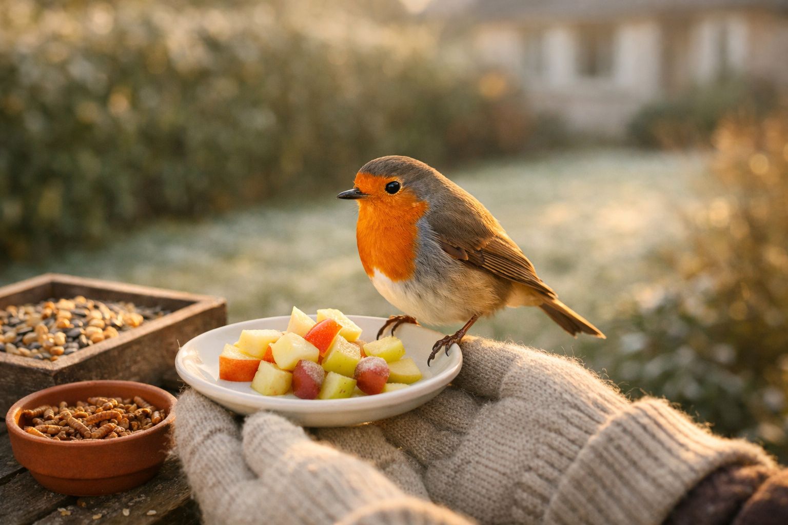 Pisco-de-peito-ruivo numa mesa com maçãs e chá, pessoas ao fundo a observar e ler sobre aves.