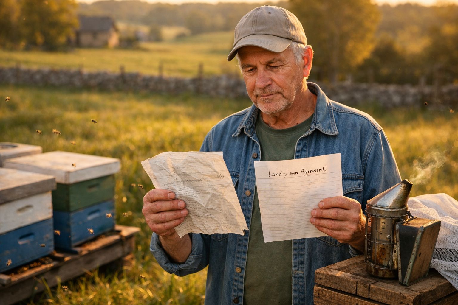 Homem idoso sentado à mesa, lê envelope amarelo; foto e mapa na mesa; janela aberta com homem ao fundo.