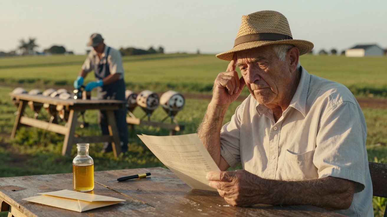 Idoso de chapéu lê documento numa mesa ao ar livre. Frasco de óleo e envelope ao lado. Campo verde ao fundo.