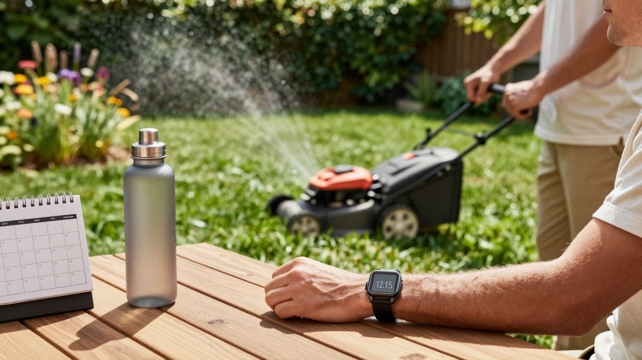 Pessoa corta relva no jardim. Mesa com garrafa e calendário em primeiro plano. Relógio de pulso mostra 12:15.
