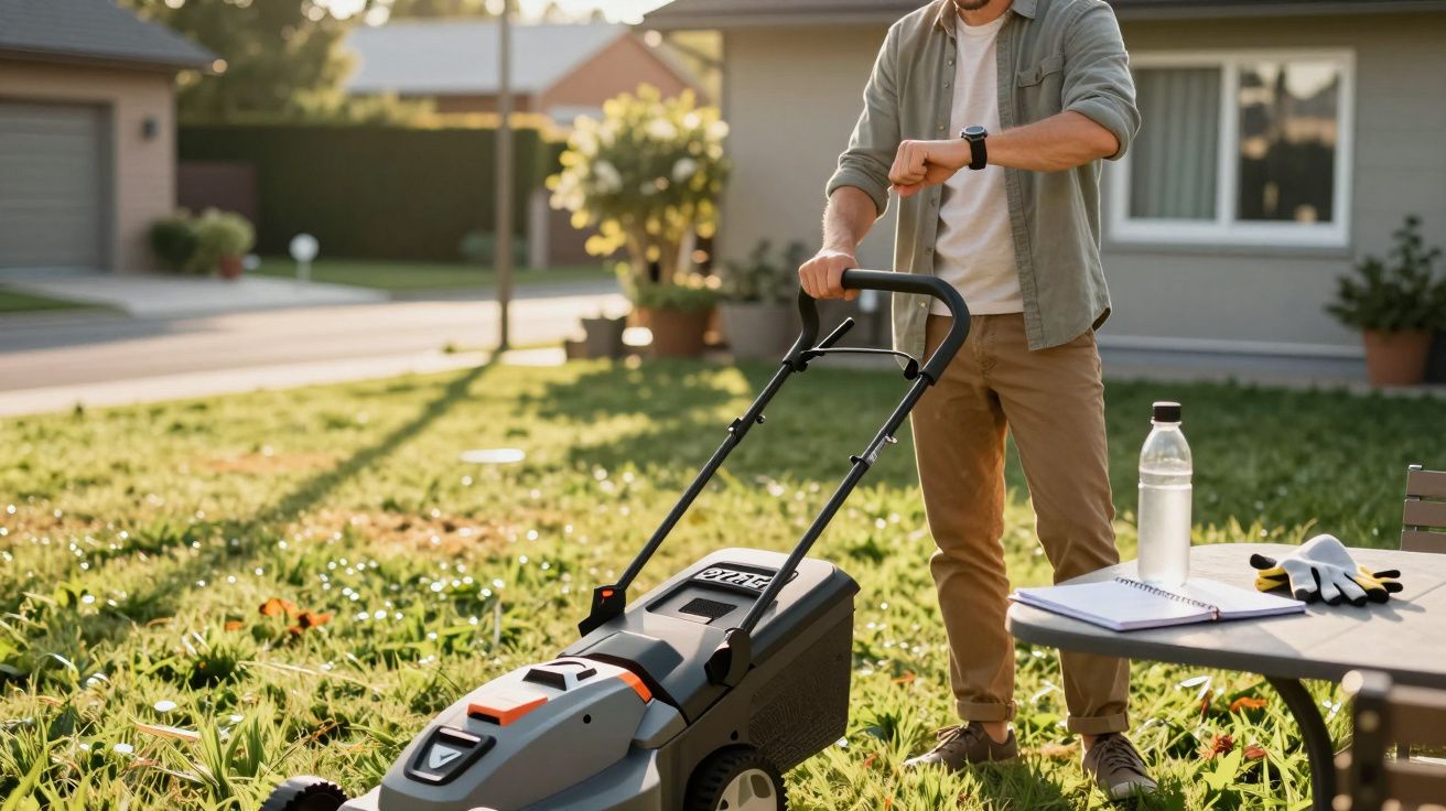 Homem corta a relva com cortador, olha para o relógio. Luvas e garrafa na mesa ao lado, casa ao fundo.