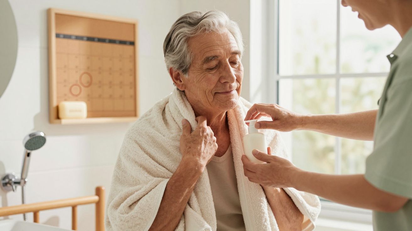 Idoso em roupão branco é cuidado por outra pessoa que aplica creme, numa casa de banho iluminada.