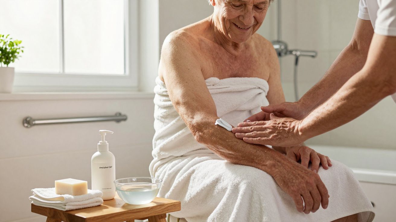 Pessoa idosa de toalha sentada, recebendo ajuda para cuidados pessoais no braço.