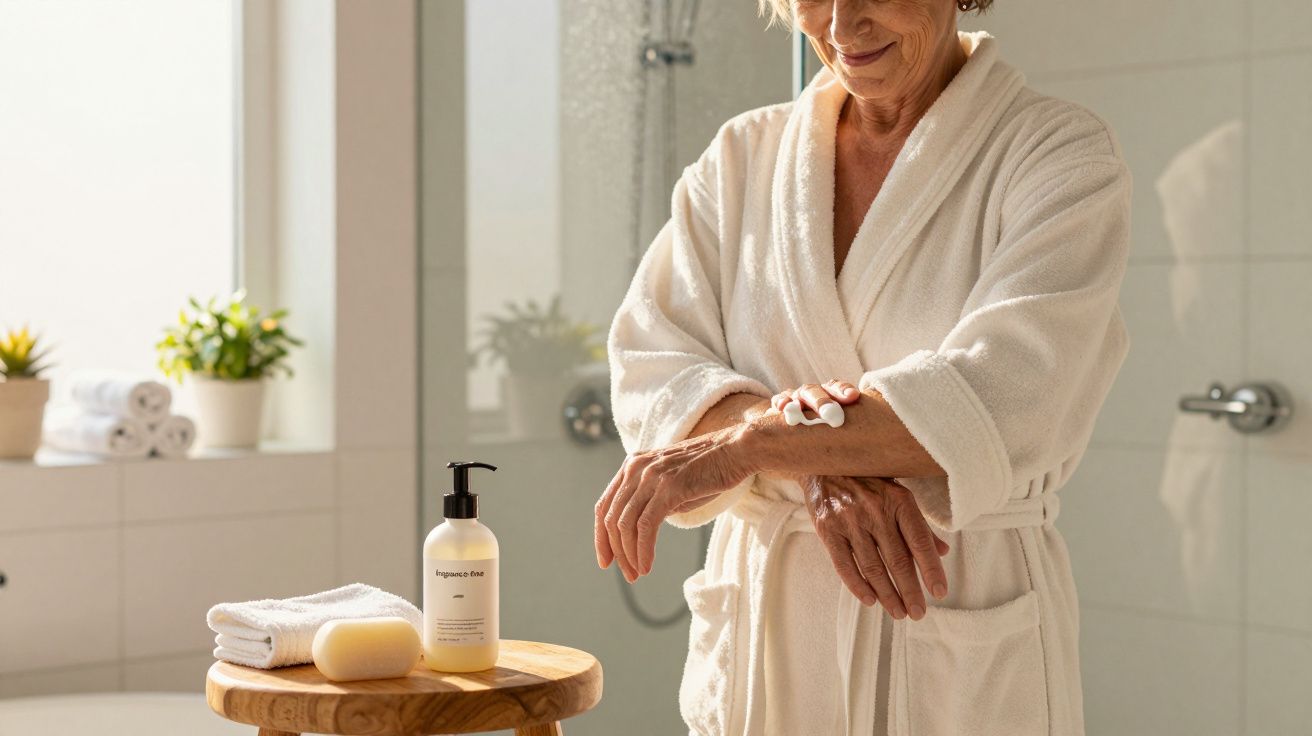 Mulher idosa de roupão aplicando loção nos braços em casa de banho iluminada pelo sol.