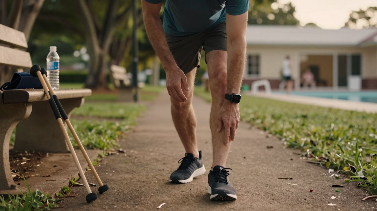 Homem segurando a perna enquanto caminha num parque, com muletas e garrafa de água ao lado num banco.