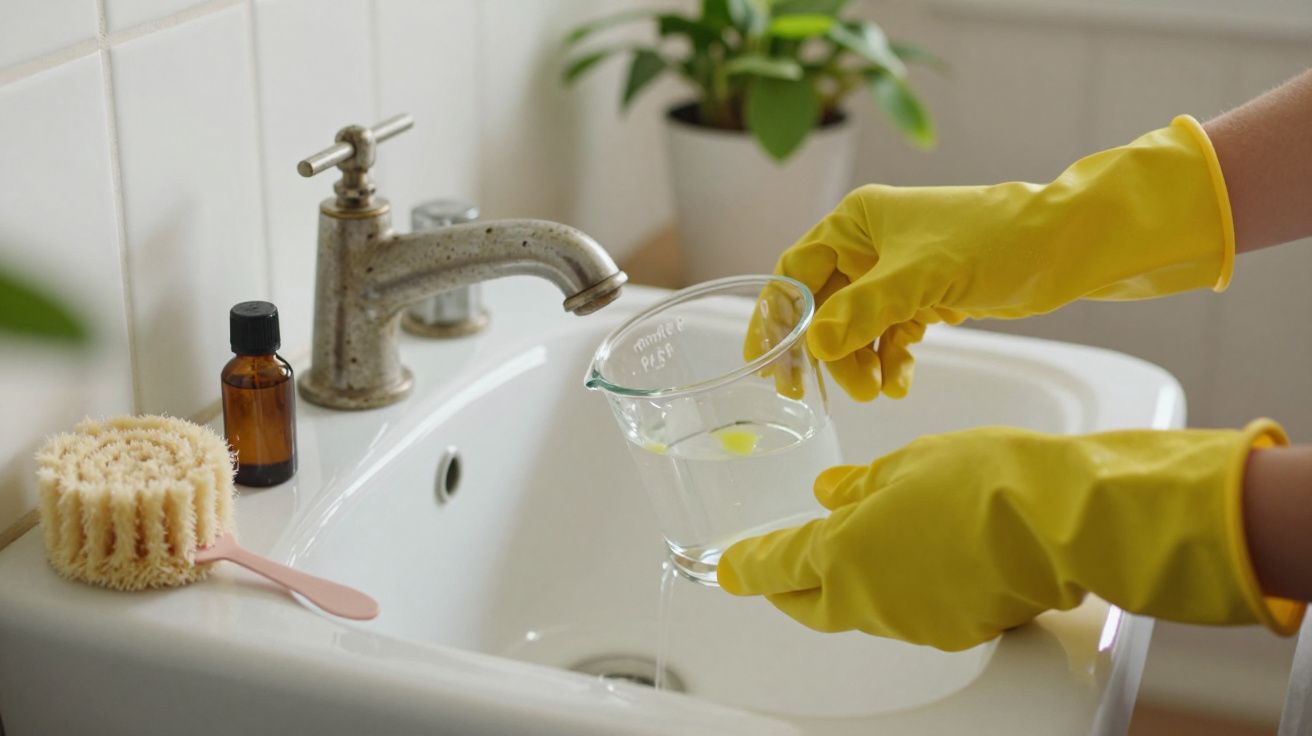 Pessoa com luvas amarelas despeja líquido de um copo de medição numa pia, com uma escova e frasco ao lado.