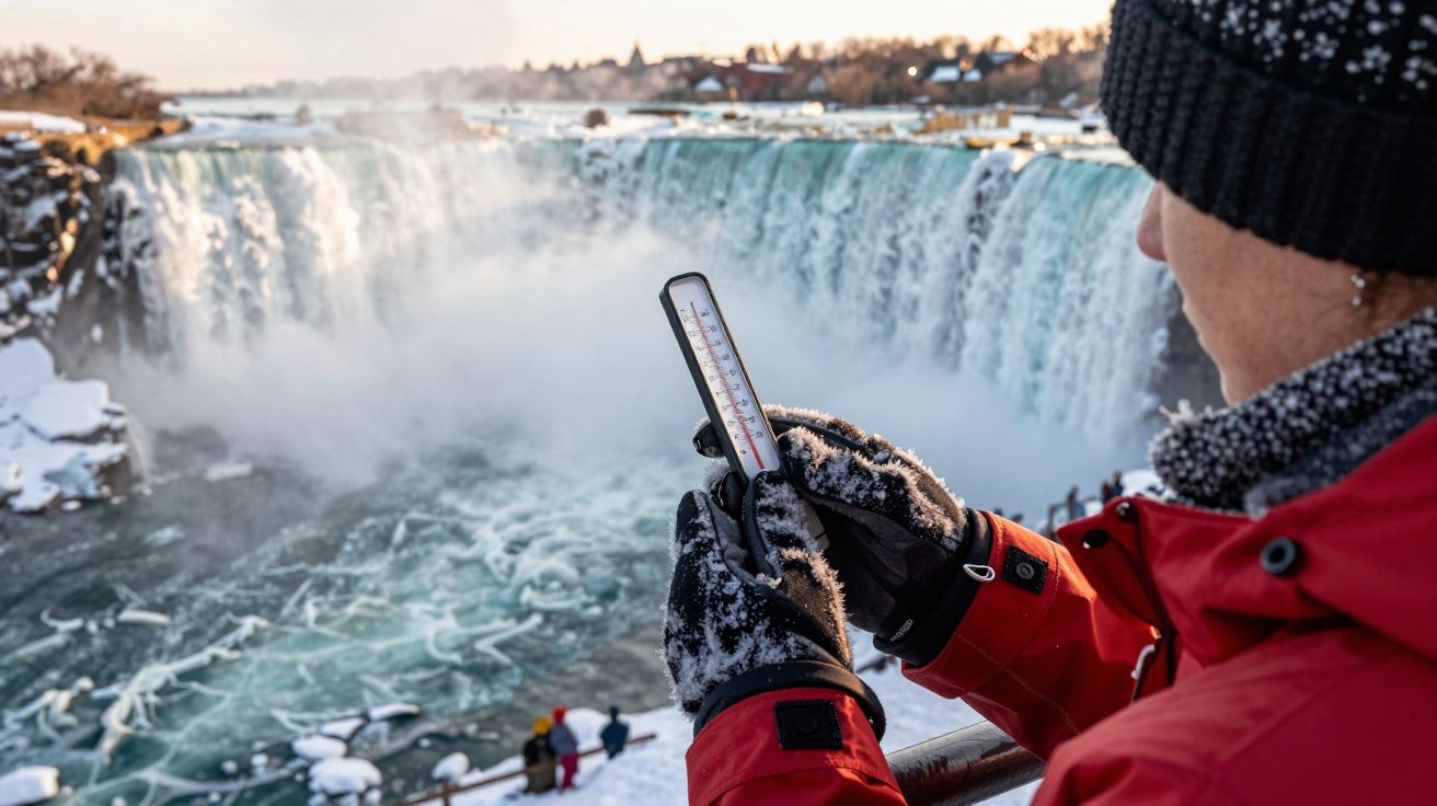 Pessoa com roupa de inverno observa termómetro junto a uma cascata gelada.