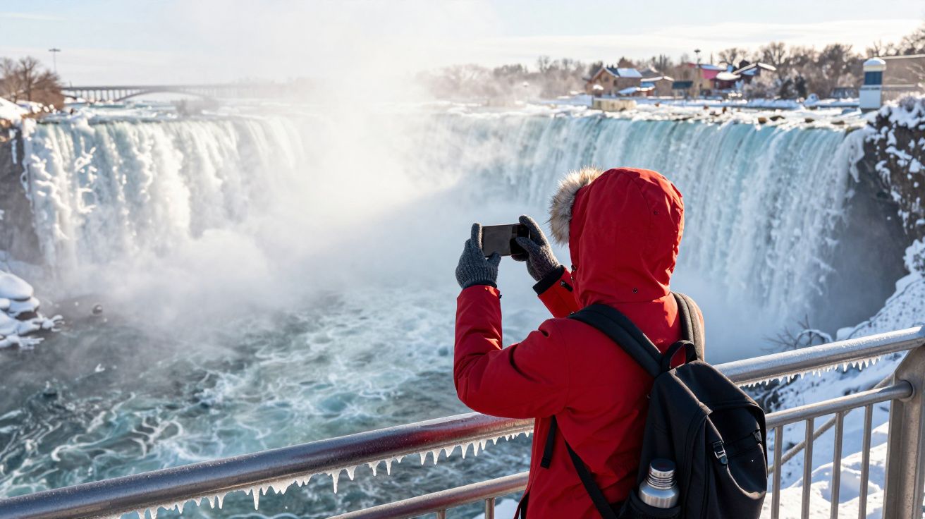 Pessoa com casaco vermelho fotografa cachoeira congelada a partir de uma varanda com grades de metal.