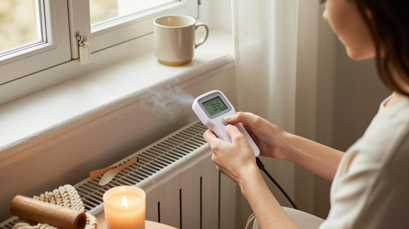 Mulher segurando dispositivo digital perto de vela acesa e chávena na janela.