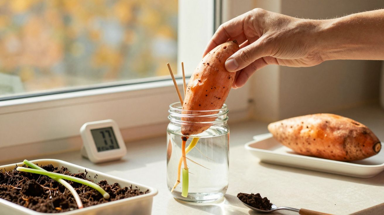 Mão coloca batata-doce em copo com água junto à janela, termómetro e bandeja com terra ao lado.