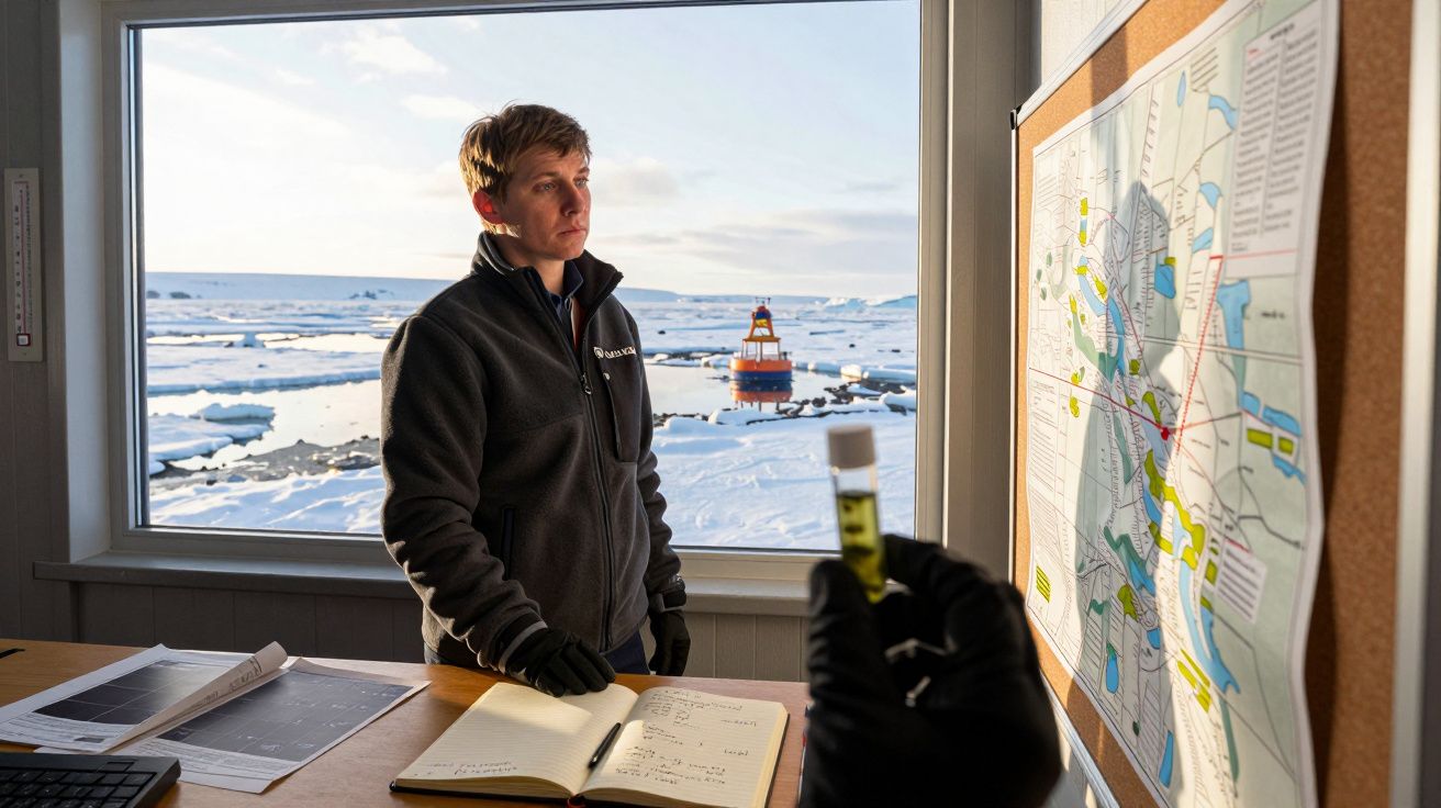 Homem em sala de pesquisa ártica, olhando para mapa, com amostra em frasco. Janela mostra gelo e boia no mar.