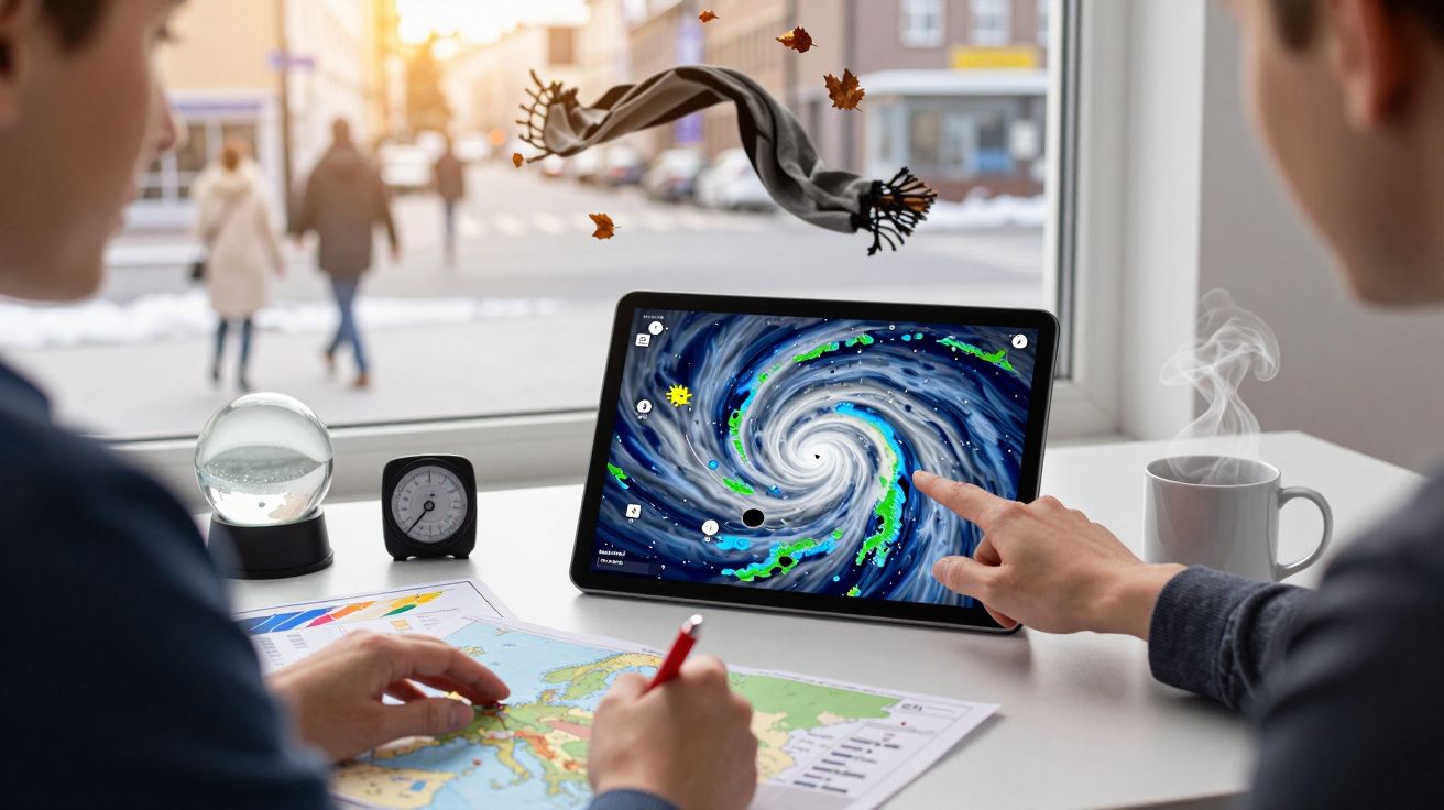 Duas pessoas observam tablet com previsão do tempo, mapa, chávena de café e bola de cristal sobre a mesa.