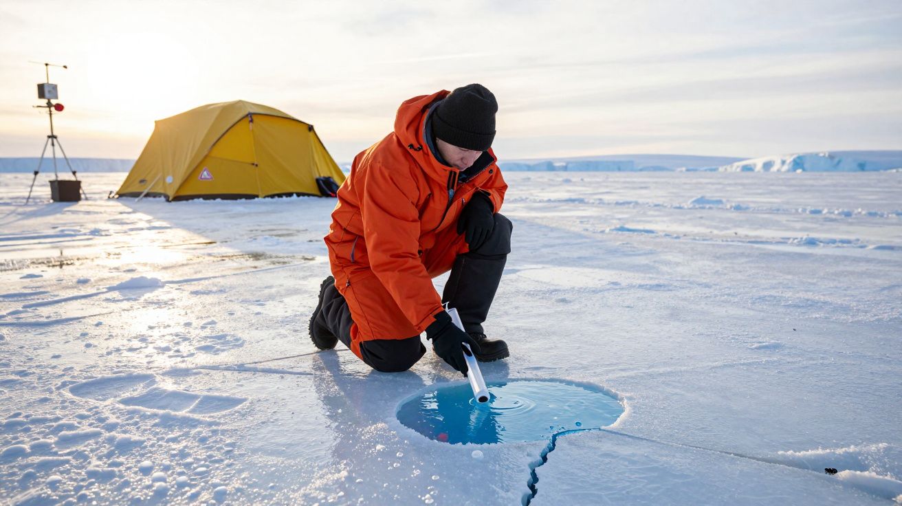 Investigador num ambiente gelado, ajoelhado a recolher amostra, com tenda amarela ao fundo.