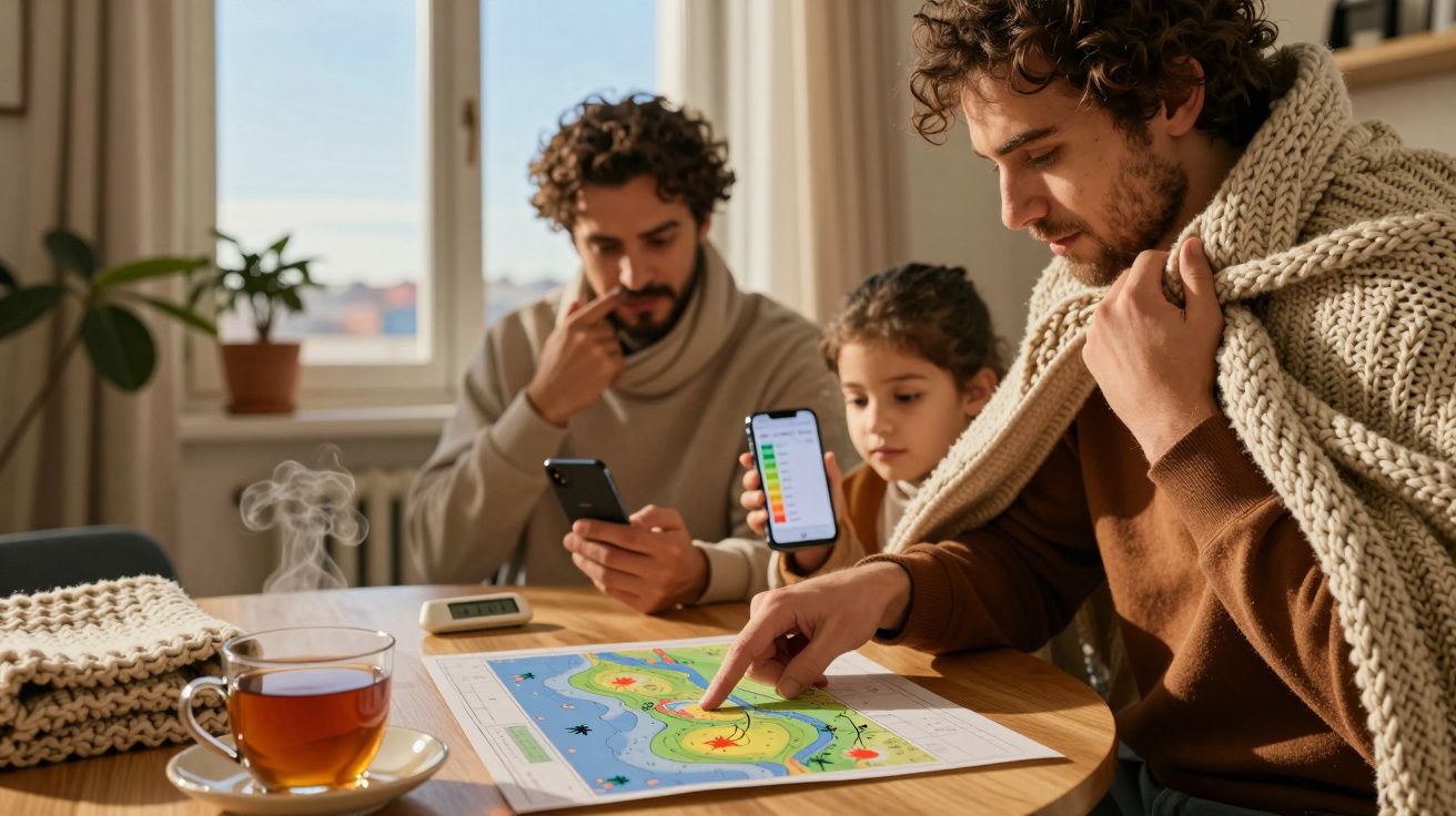 Três pessoas analisam um mapa à mesa, com chá e telemóveis, numa sala iluminada pela luz natural.