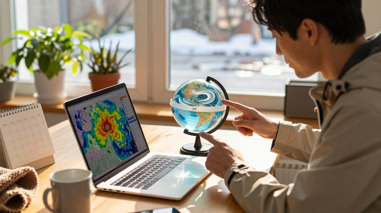 Homem a analisar dados meteorológicos no portátil e a apontar para um globo num escritório ensolarado.