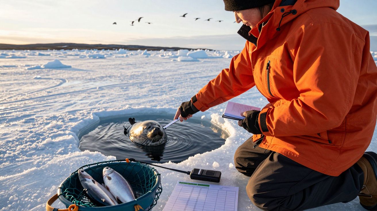 Investigador num lago gelado com uma foca; peixes numa cesta ao lado.