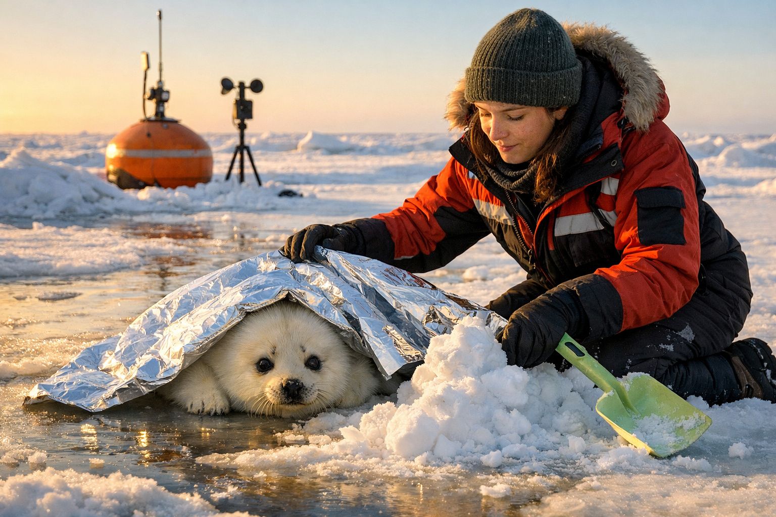 Investigador de joelhos na neve acaricia uma raposa ártica, com mala de equipamento próxima, sob céu claro.