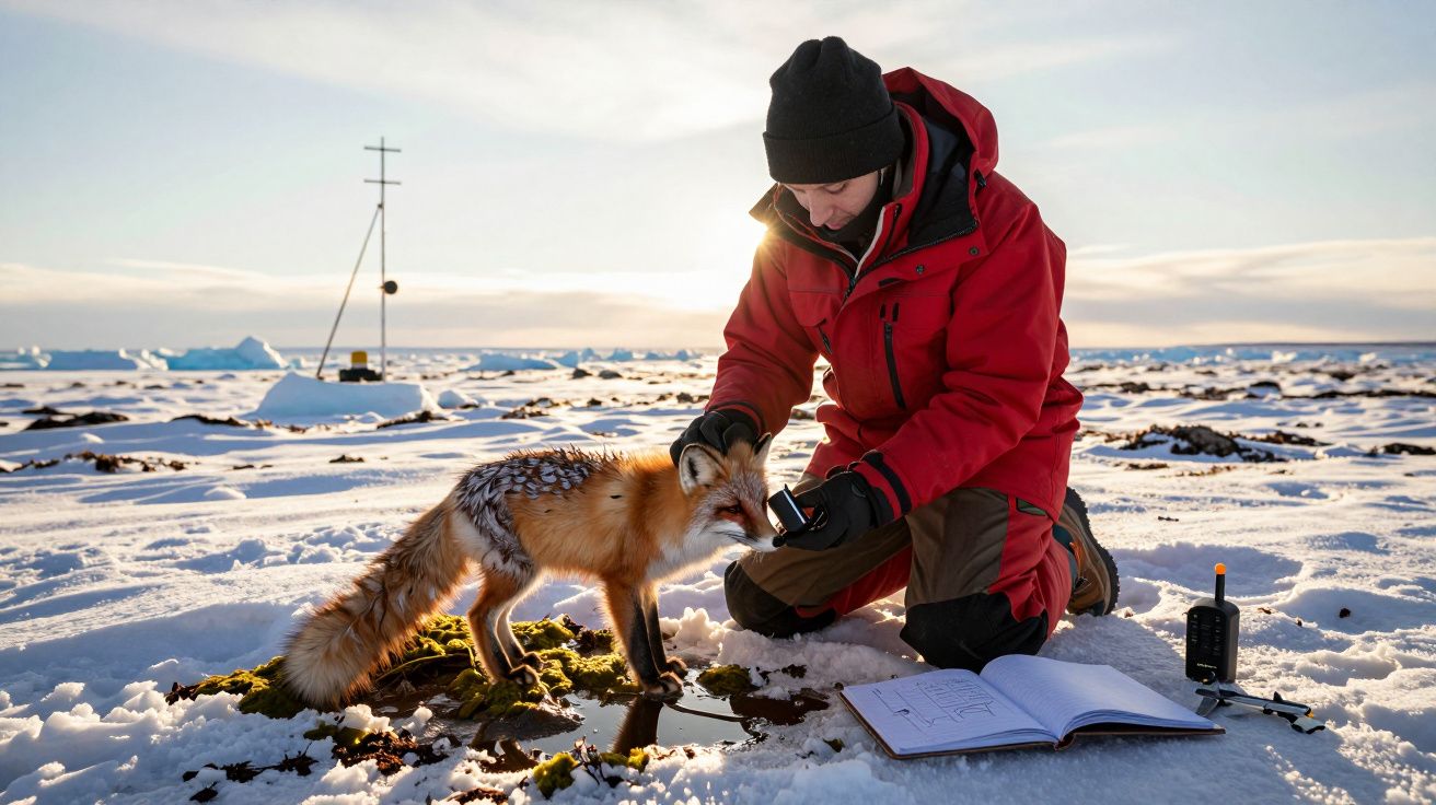 Investigador de joelhos no gelo interage com uma raposa, rodeado por caderno e equipamento científico na tundra.
