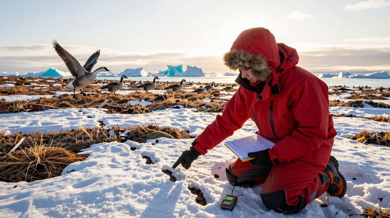 Investigador em parka vermelha analisa neve, rodeado por gansos, com icebergs ao fundo num cenário ártico.