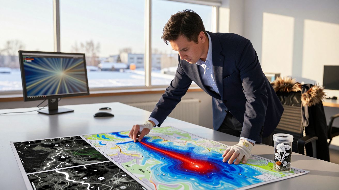 Homem analisa mapa meteorológico colorido em escritório, com computador ao fundo.