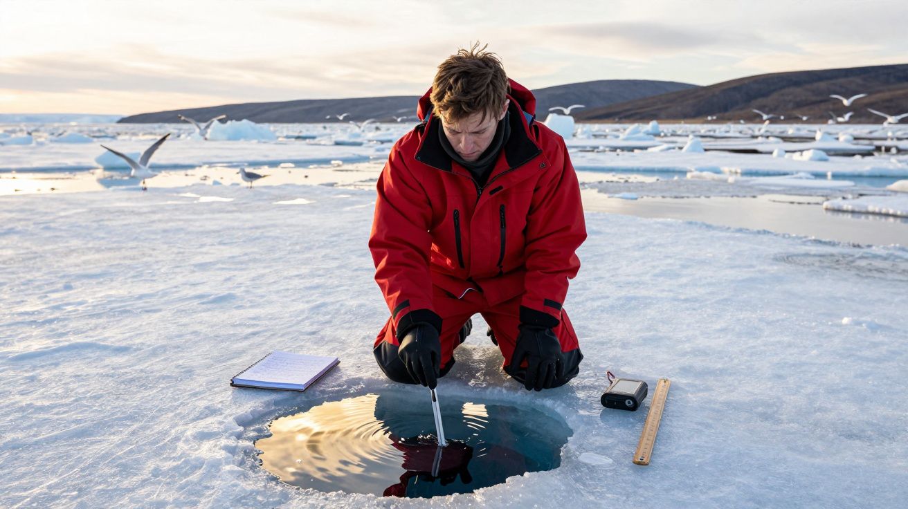 Investigador em casaco vermelho mede buraco no gelo ártico, cercado por água e gaivotas ao fundo.