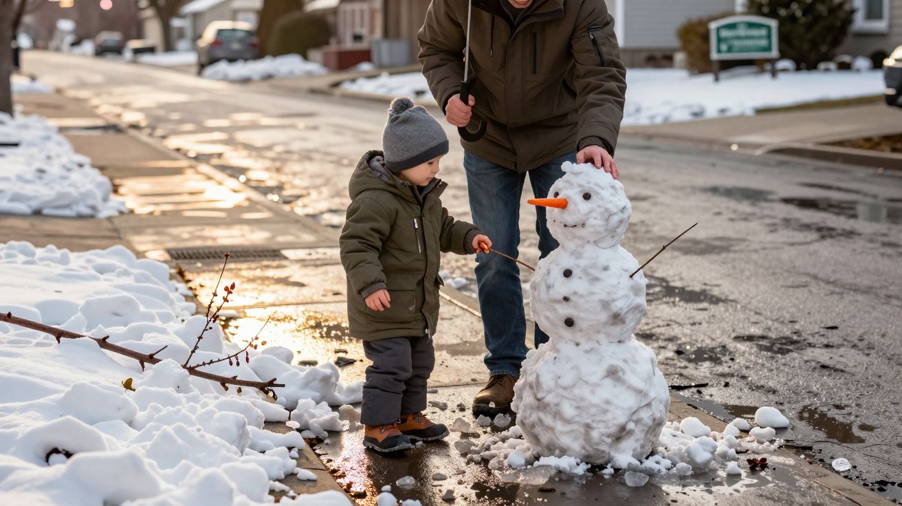 Criança e adulto a construir um boneco de neve numa rua coberta de neve com o pôr do sol ao fundo.