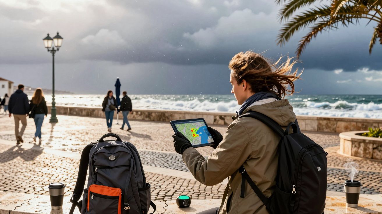 Pessoa segura tablet com mapa em passeio junto ao mar; céu nublado e vento forte. Mochilas e copos sobre o muro.