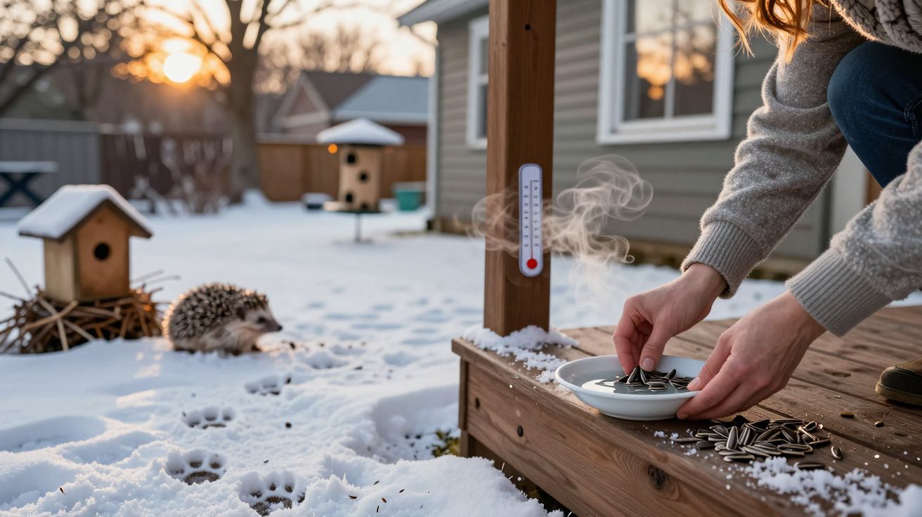 Pessoa oferece sementes a um ouriço no quintal coberto de neve, com casas de pássaros e pôr do sol ao fundo.