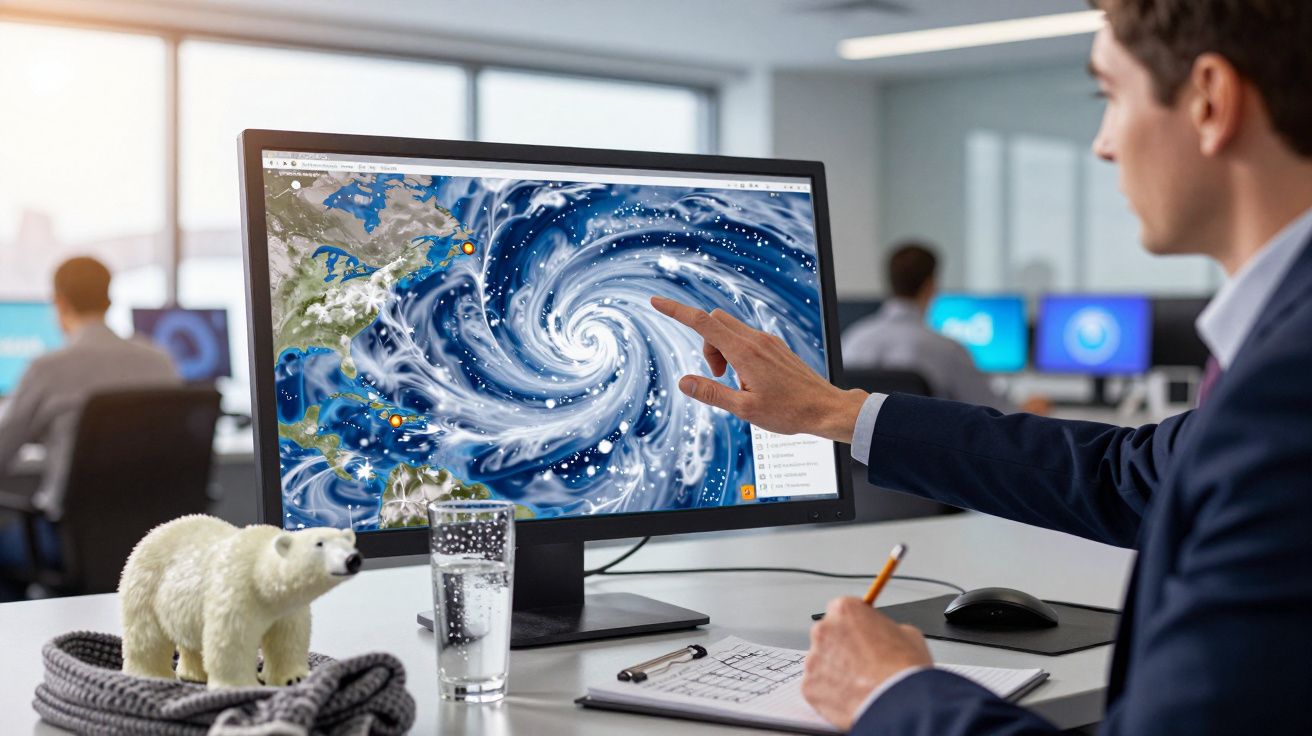Homem analisa imagem de ciclone em monitor de computador num escritório moderno, com decoração de urso polar na mesa.