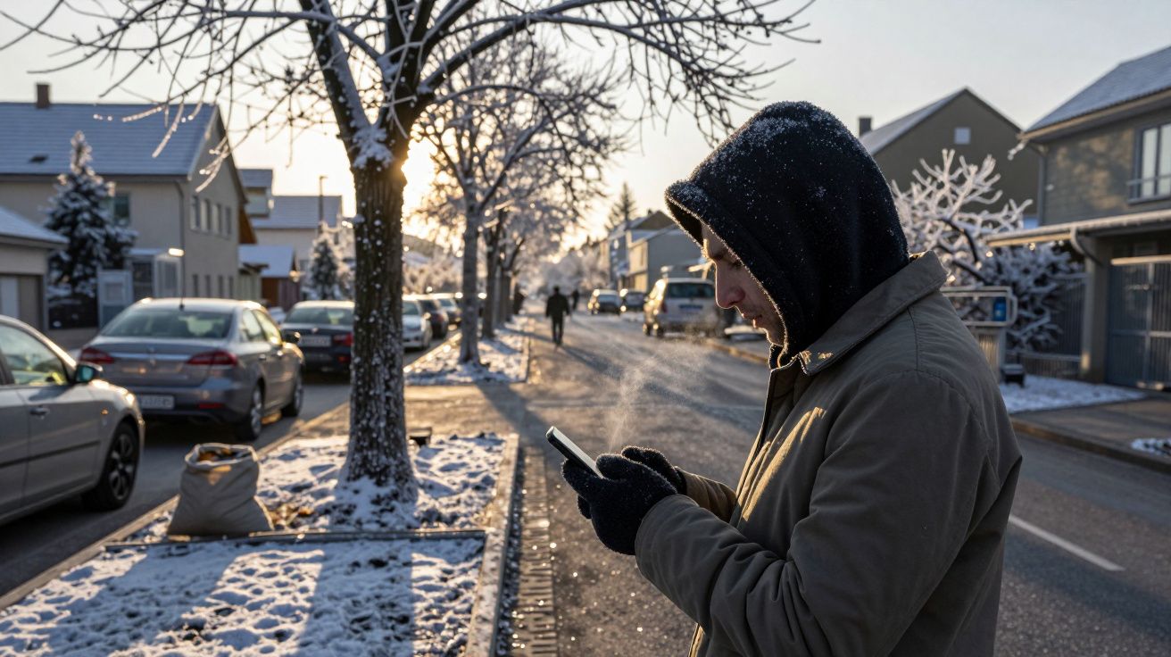 Homem com capuz olha para o telemóvel numa rua coberta de neve ao pôr do sol.