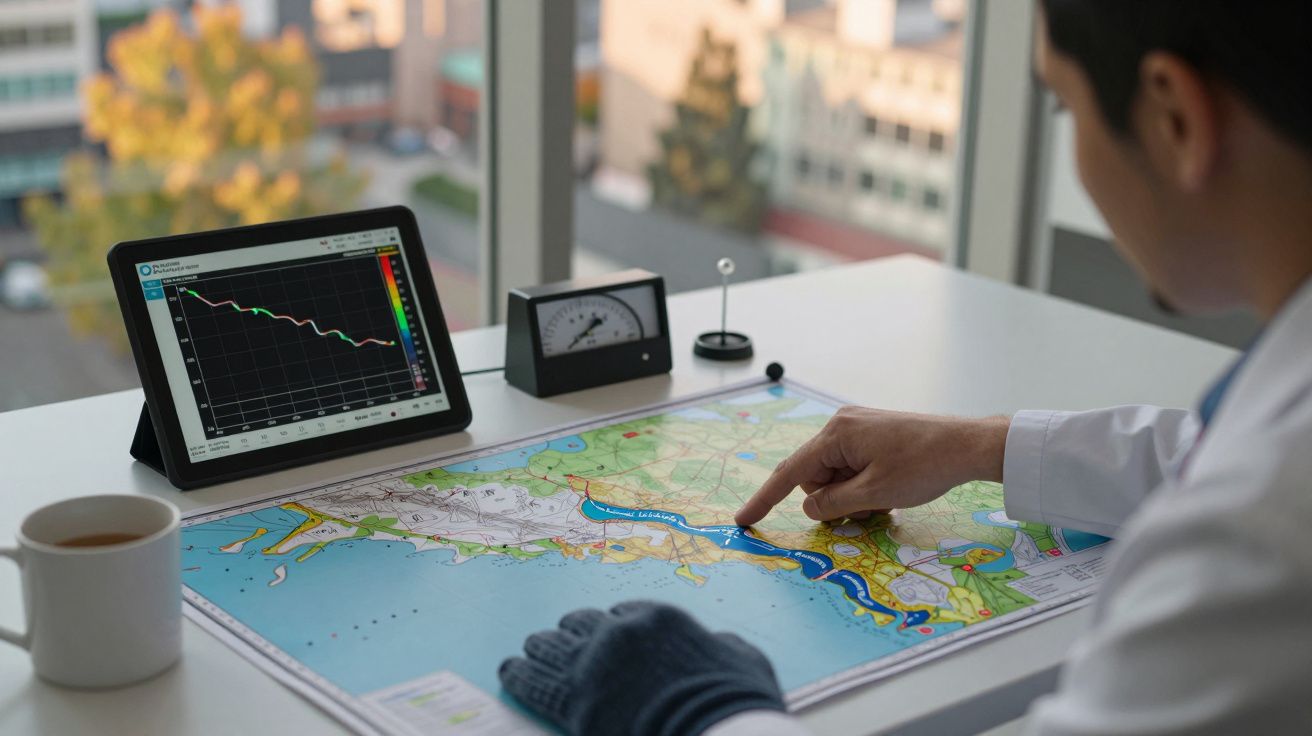 Homem aponta para mapa sobre mesa com gráfico em tablet, chávena de café e janela ao fundo.