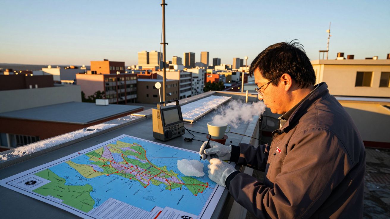 Homem num telhado analisa mapa usando instrumentos científicos ao entardecer, com cidade ao fundo.