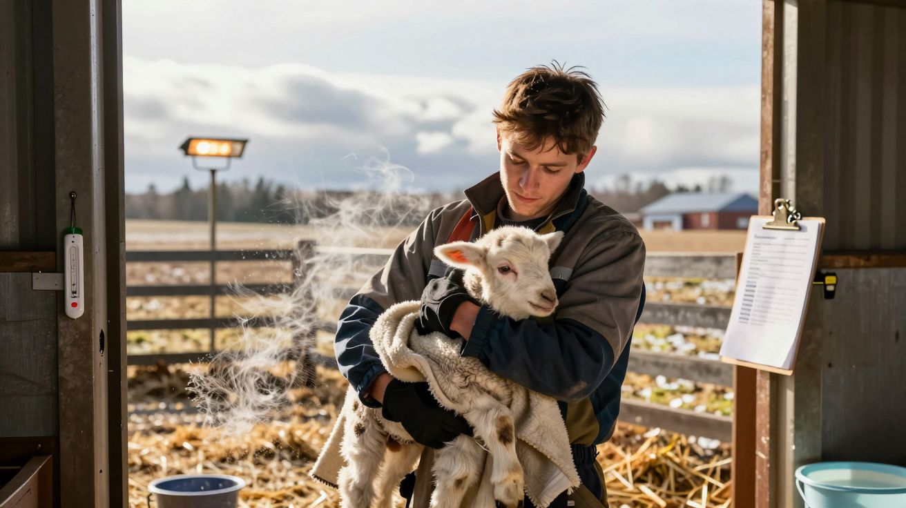 Rapaz segura um cordeiro num celeiro com paisagem rural ao fundo, enquanto vapor se levanta do animal.