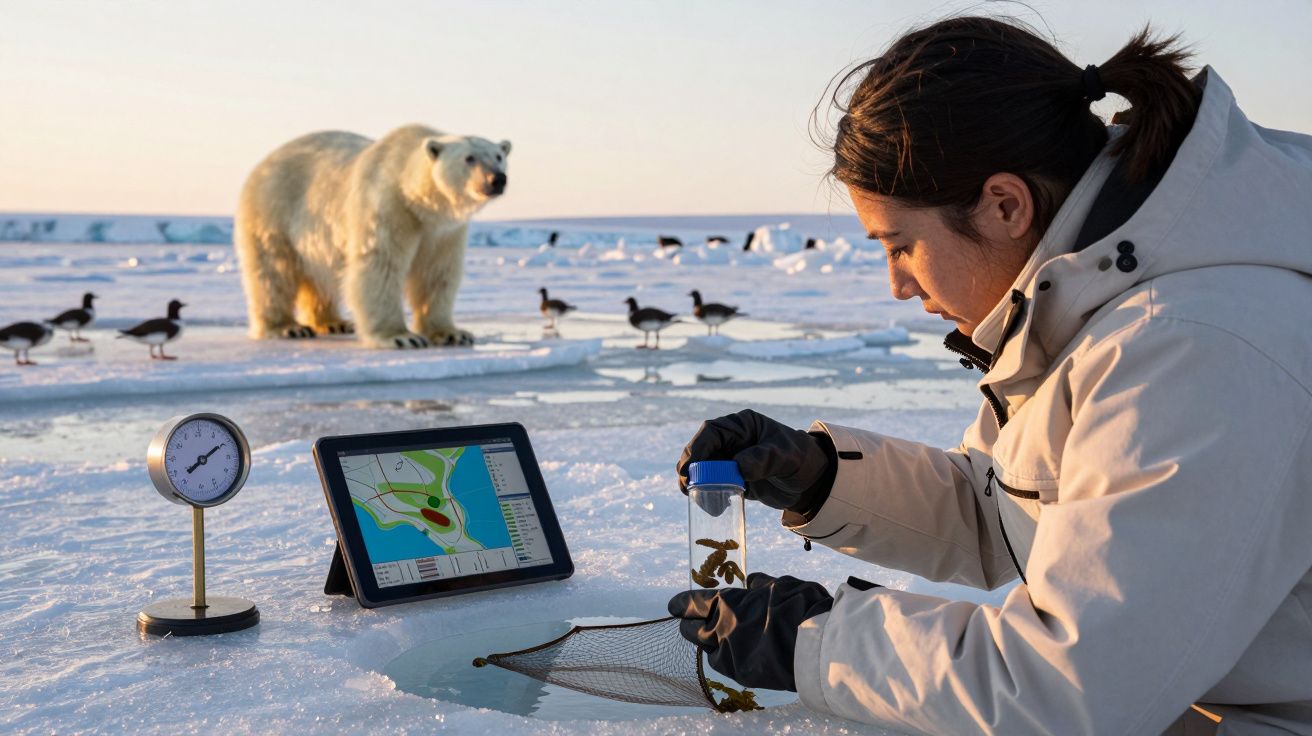 Cientista analisa amostra de água no Ártico, com urso polar ao fundo e tablet a mostrar dados meteorológicos.